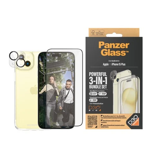 PanzerGlass - 3-i-1-paket - skyddskit skärm/objektiv/baksida för mobiltelefon - glas - ramfärg svart - för Apple iPhone 15 Plus