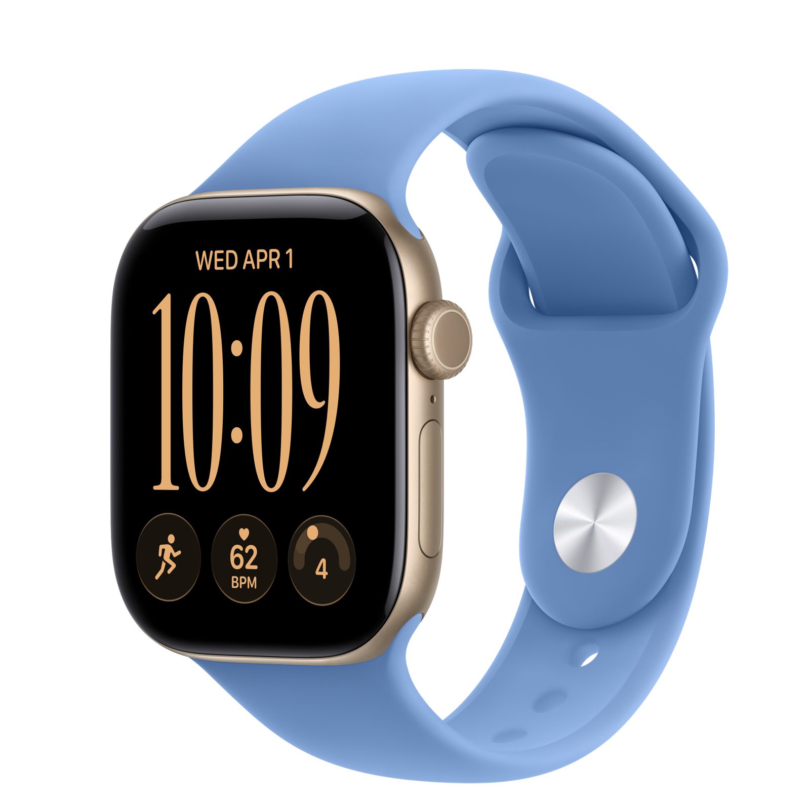 Apple Watch Series 12 (GPS + Cellular) • Aluminiumboett ljust guld, 42 mm • Sportband ängsblå