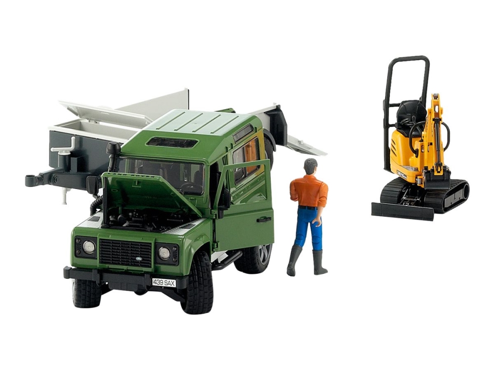 Bruder Land Rover Defender med släp inkl. JCB Minilastare + figur