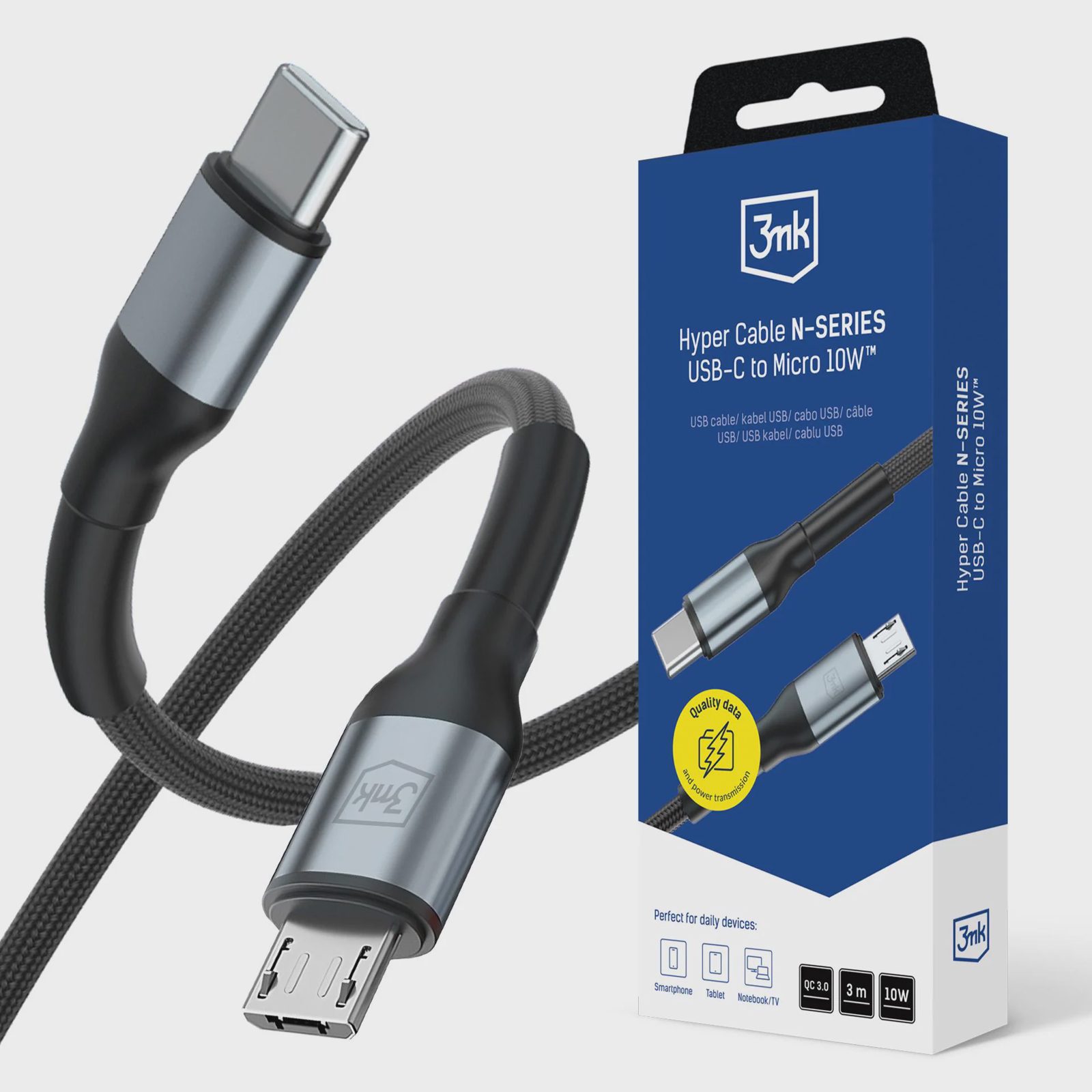 3mk Hyper Cable N-SERIES USB-C / MicroUSB 3 m QC 3.0 5 V/2 A 10 W – svart