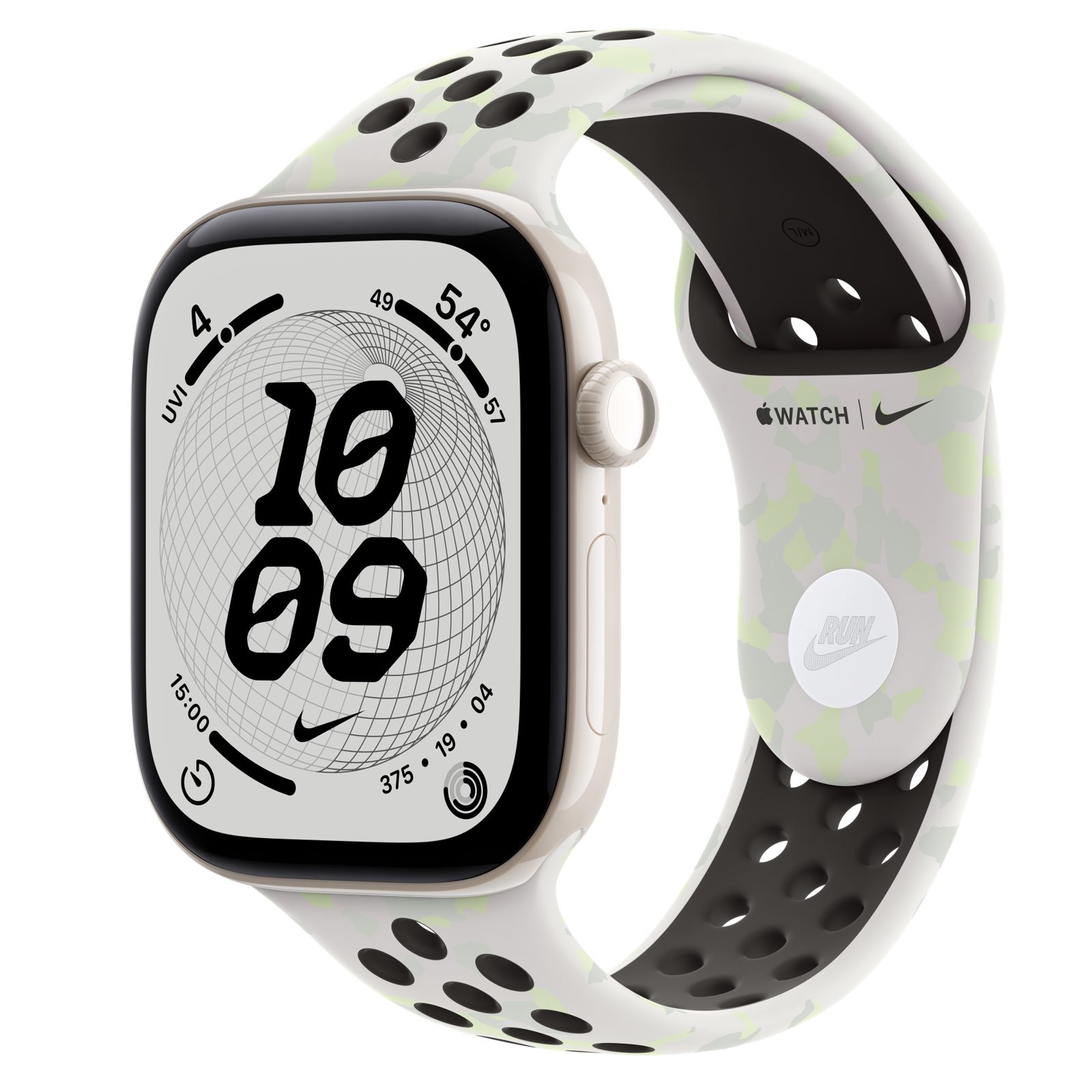 Apple Watch Series 12 (GPS + Cellular) • Keramikboett pärlvit, 46 mm • Nike-sportband i Essential White