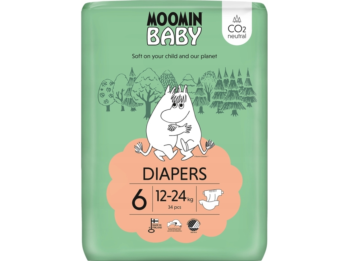 Mumi MOOMIN Babyblöjor 6 JUNIOR (12-24 kg) 34 st EKO
