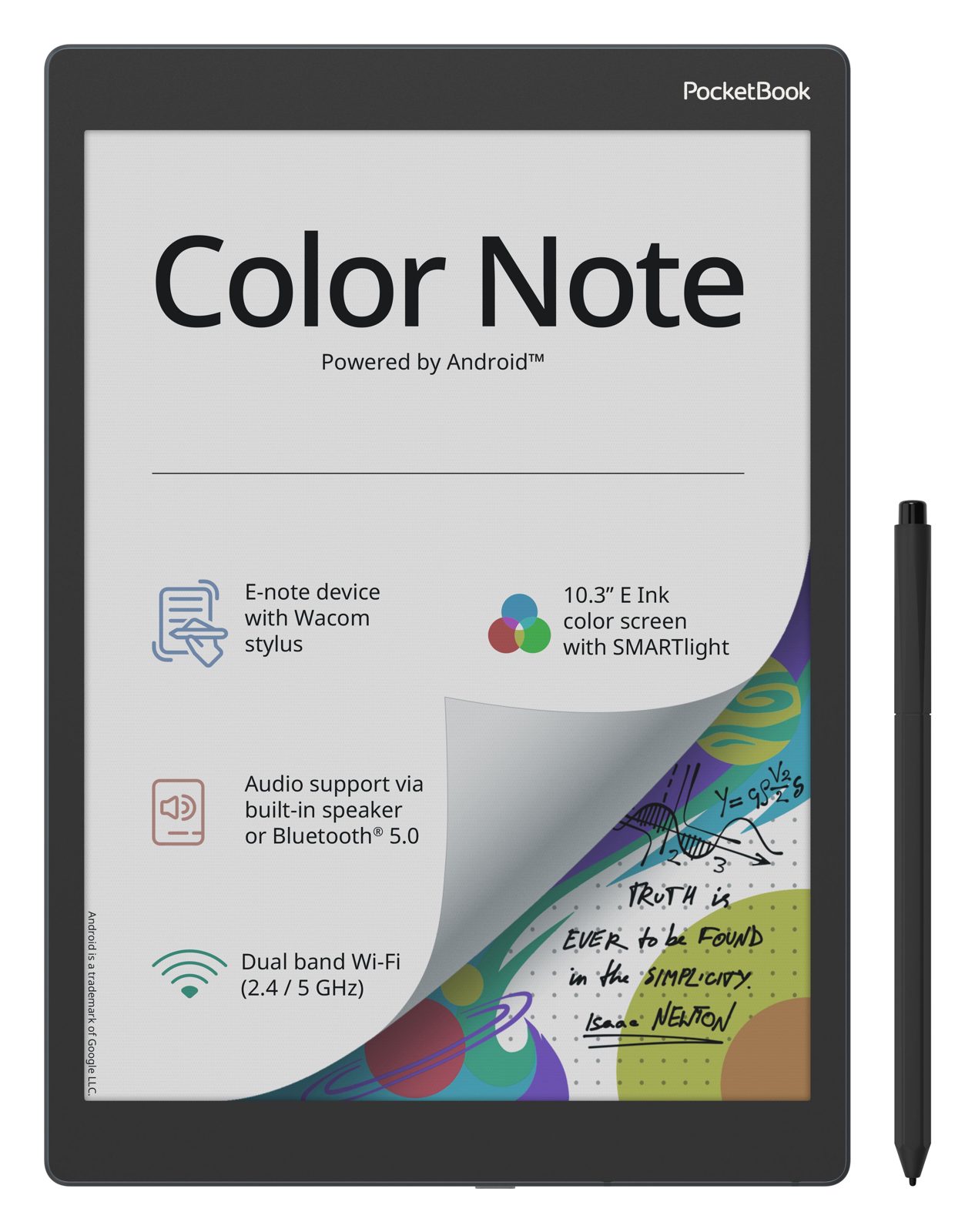 PocketBook Color Note, 26,2 cm (10.3), E Ink Kaleido, 1404 x 1872 pixlar, ACSM, AZW, AZW3, CBR, CBZ, CHM, DOC, DOCX, DjVu, EPUB, EPUB DRM, FB2, FB2.ZIP, HTM, HTML, MOBI,..., MP3, OGG, BMP, JPEG, PNG