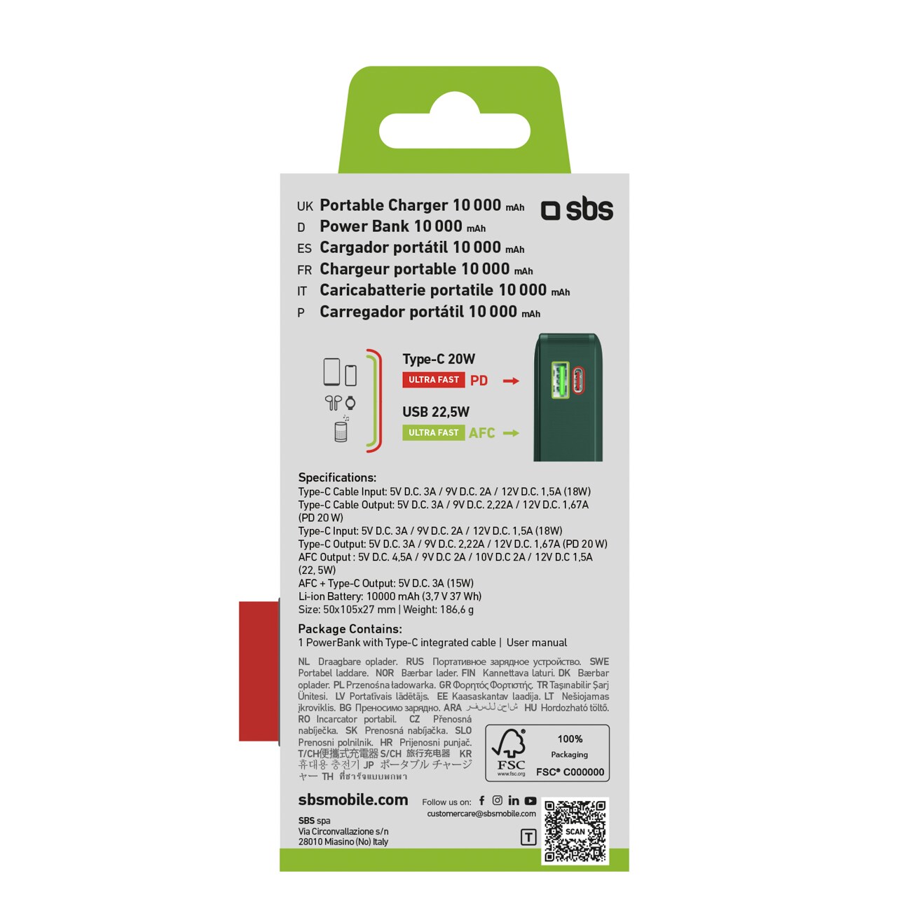 Powerbank SBS 10000 mAh 20W med inbyggd USB-C-kabel och digital display - grön, bild 3