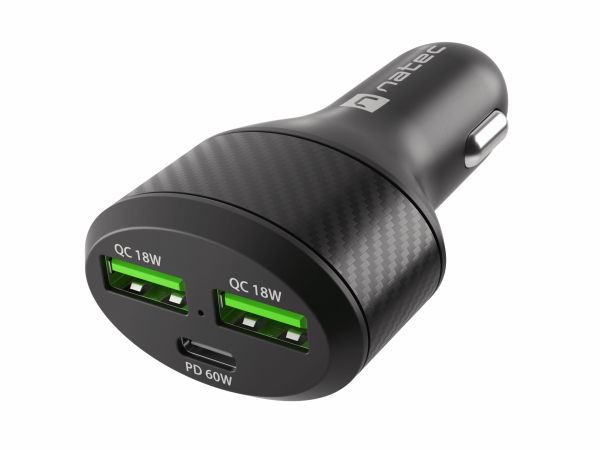 Natec Coney Billaddare - 2x USB-A 1x USB-C 84W PD 3.0 - Svart