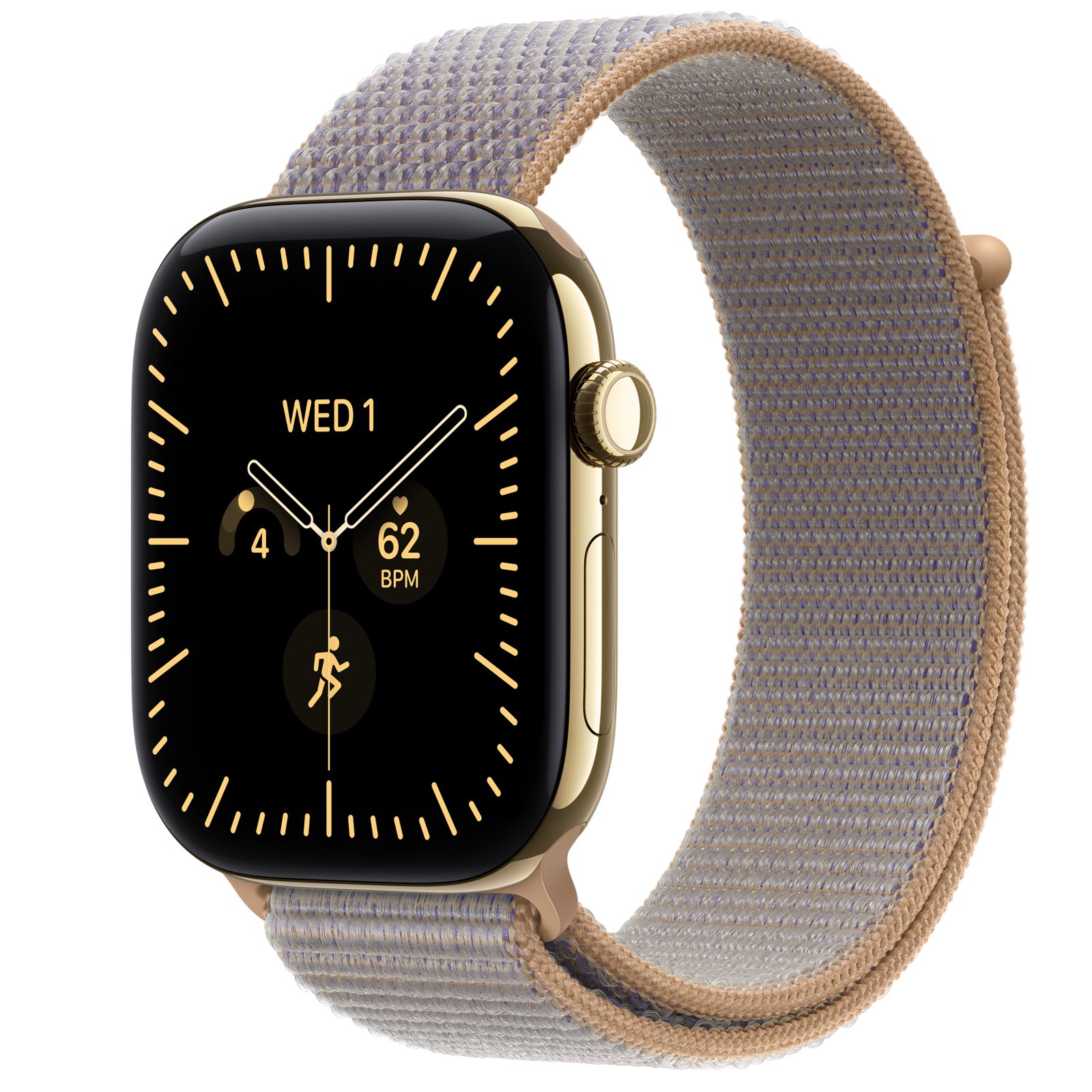 Apple Watch Series 12 (GPS + Cellular) • Titanboett skinande guld, 46 mm • Sportloop chambrayblå