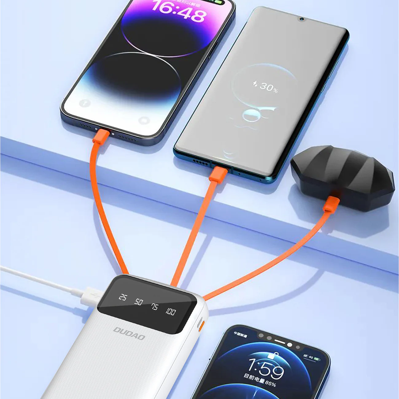 Dudao K6Pro+ 20000mAh powerbank med 3 kablar: USB Type C, micro USB, Lightning, vit, bild 2