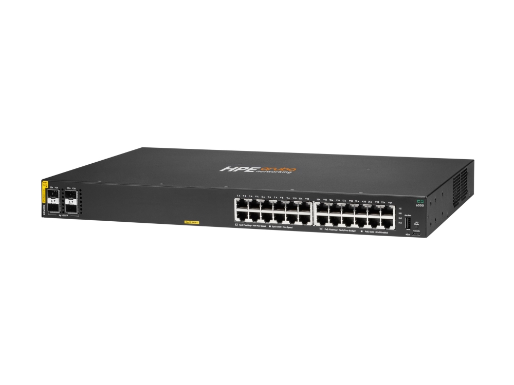 HPE Aruba Networking CX 6000 24p 10M/100M/1G Class4 PoE 4p SFP 1G 370W Switch - Switch - Administrerad - 24 x 10/100/1000 (PoE+) + 4 x gigabit SFP (upplänk) - sida till sida luftflöde - rackmonterbar, väggmonterbar - PoE+ (370 W) - BTO