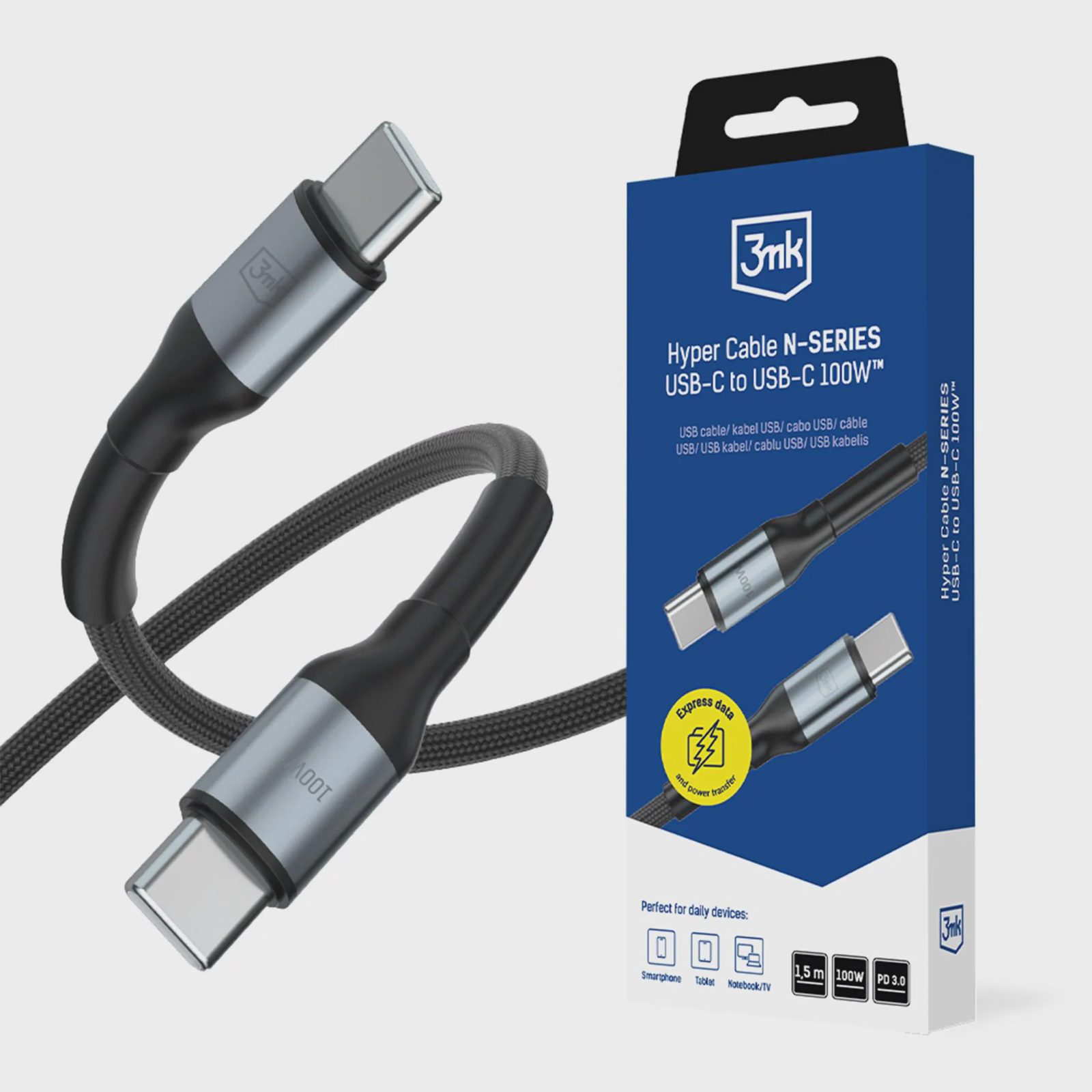 3mk Hyper Cable N-SERIES USB-C / USB-C 1,5 m PD 3.0 QC 3.0 20 V / 5 A 100 W – svart
