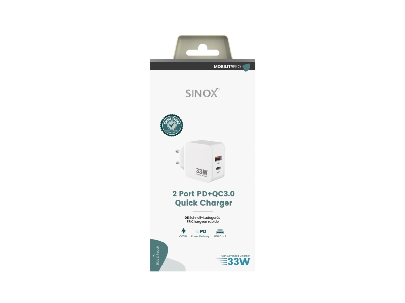 Sinox PRO väggladdare USB-A + USB-C PD 33 W vit