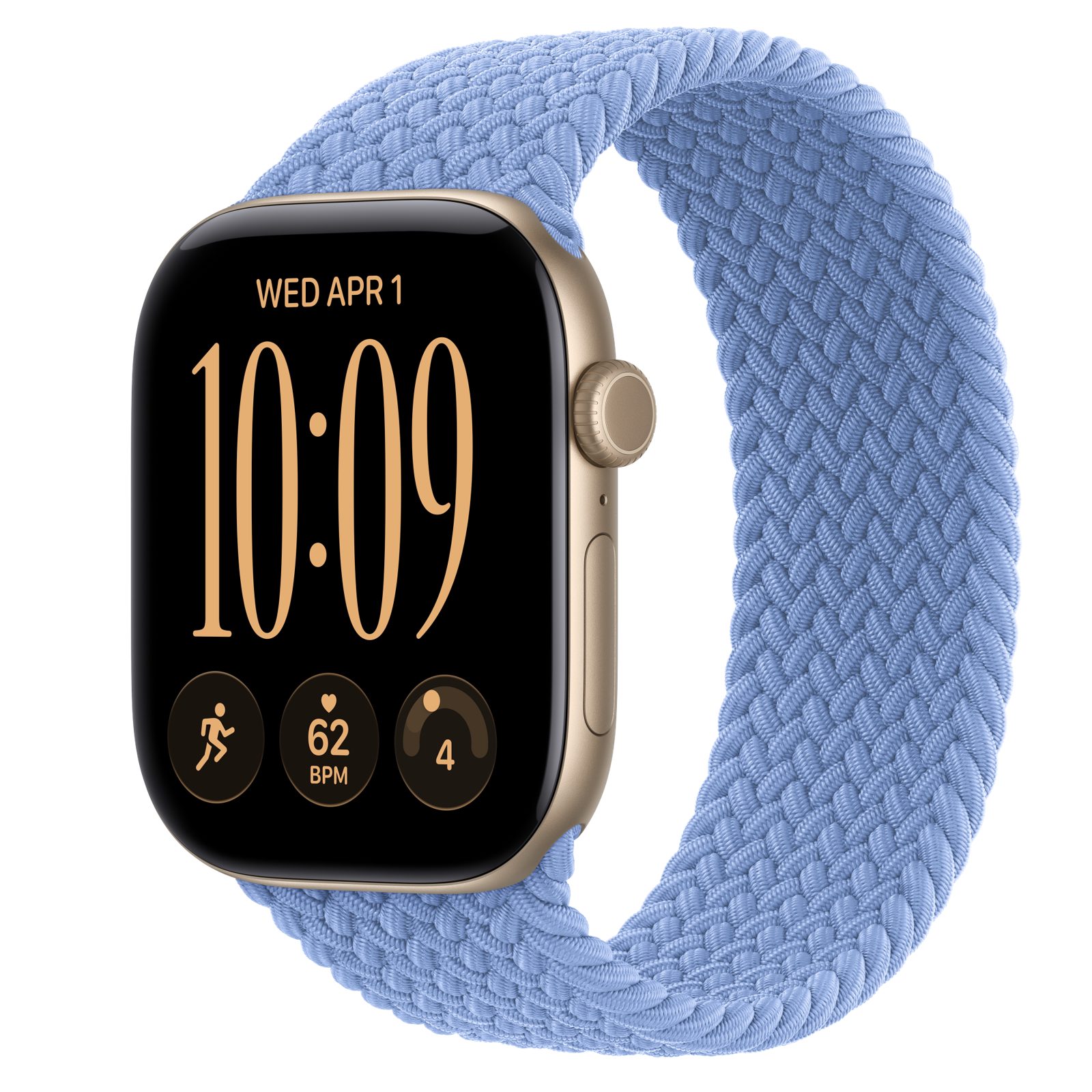 Apple Watch Series 12 (GPS) • Aluminiumboett ljust guld, 46 mm • Flätad sololoop ängsblå