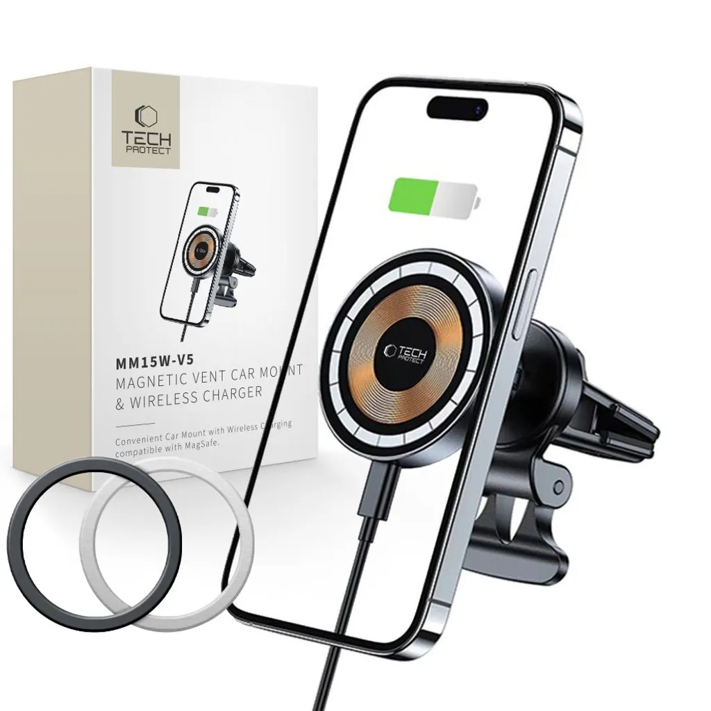 Tech-Protect MM15W-V5 magnetisk bilhållare med MagSafe och 15W laddning – svart