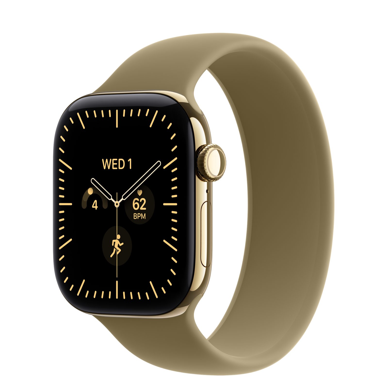 Apple Watch Series 12 (GPS + Cellular) • Titanboett skinande guld, 42 mm • Sololoop oliv