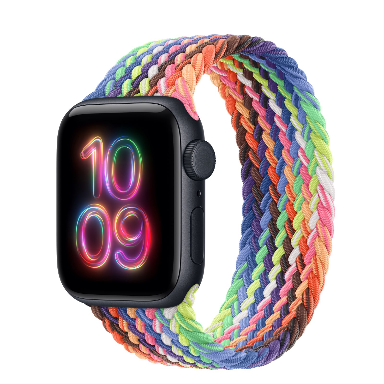 Apple Watch SE 3 (GPS + Cellular) • Aluminiumboett midnatt, 40 mm • Flätad sololoop Pride Edition
