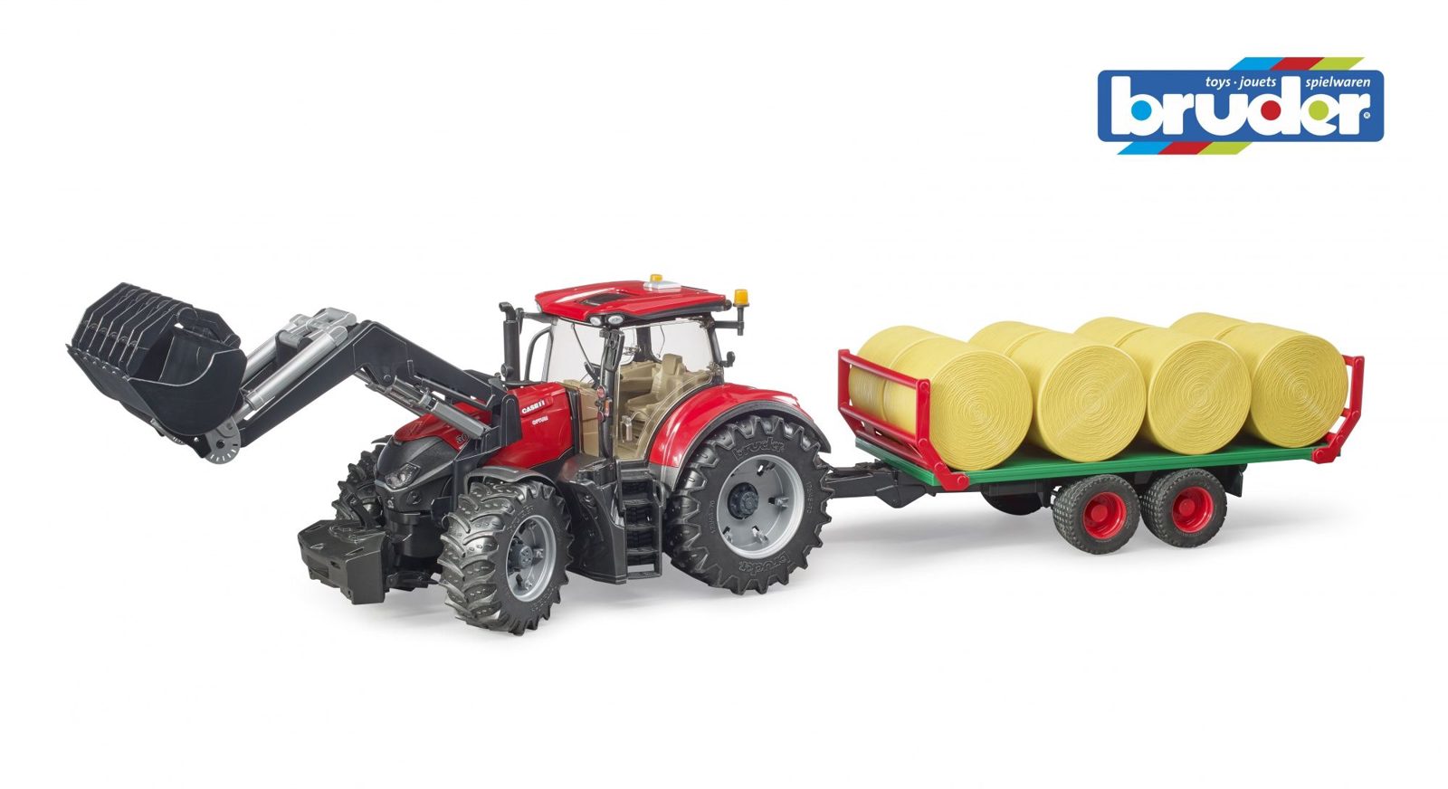 Bruder Case IH Optum 300 CVX med frontlastare med baltransportvagn med 8 rundbalar