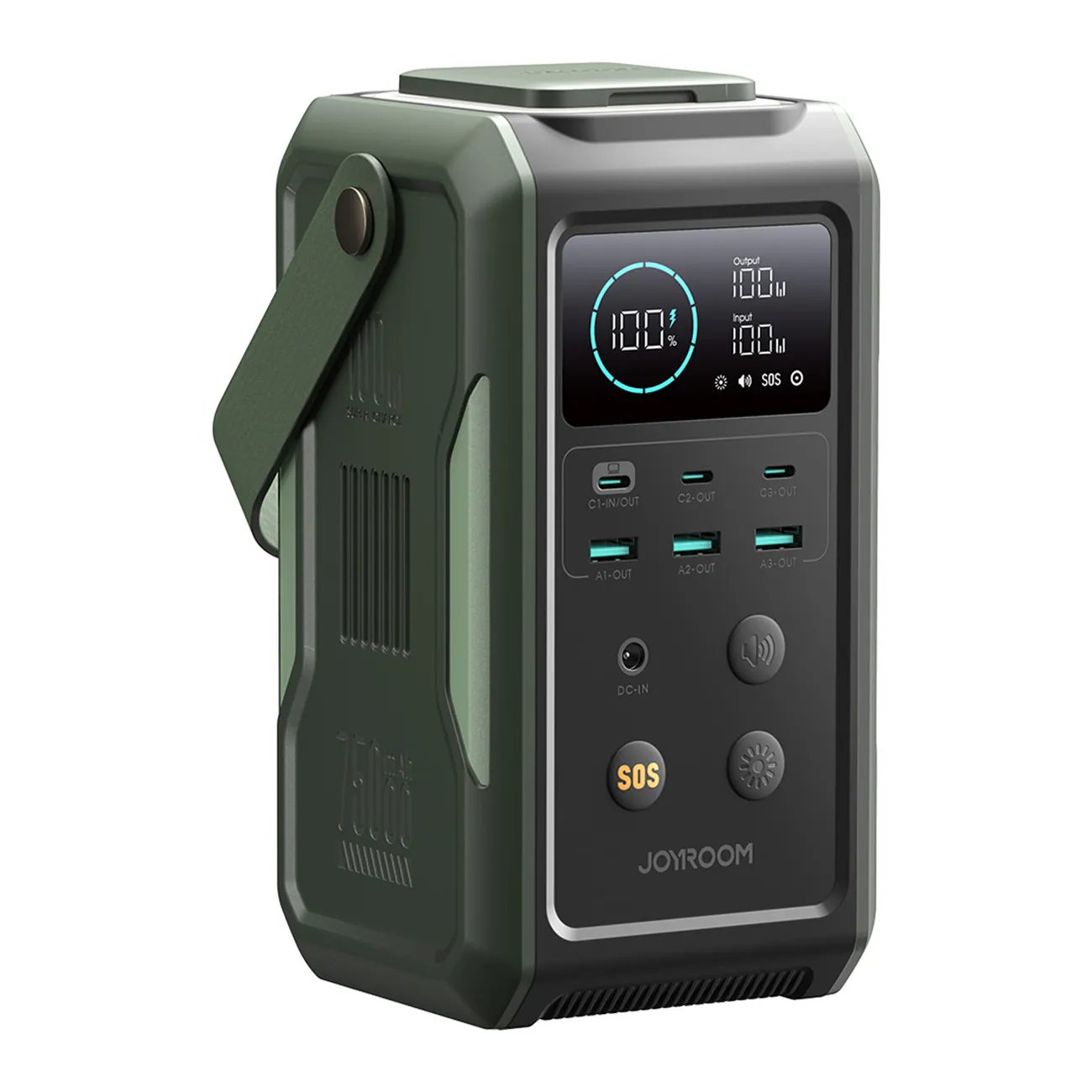 Powerbank Joyroom JR-PBF10 75000mAh 100W 3x USB-C 3x USB-A med vikbar ficklampa och handtag - grön