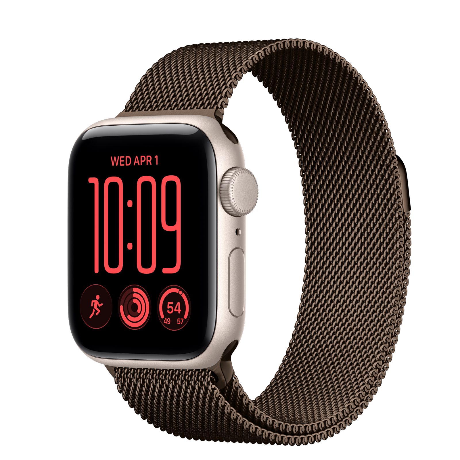 Apple Watch SE 3 (GPS) • Aluminiumboett stjärnglans, 40 mm • Milanesisk loop mörk brons