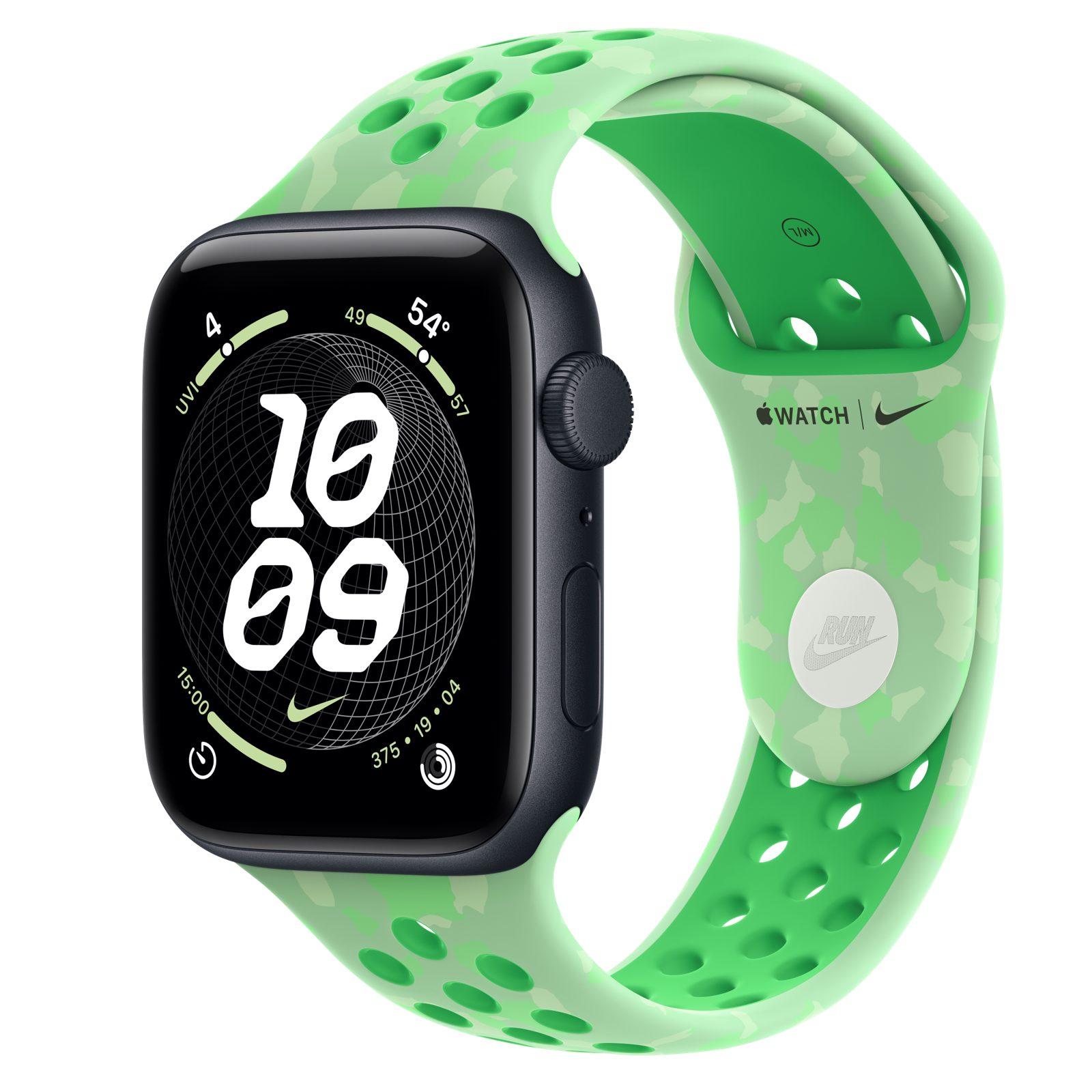 Apple Watch SE 3 (GPS) • Aluminiumboett midnatt, 44 mm • Nike-sportband i Green Spark