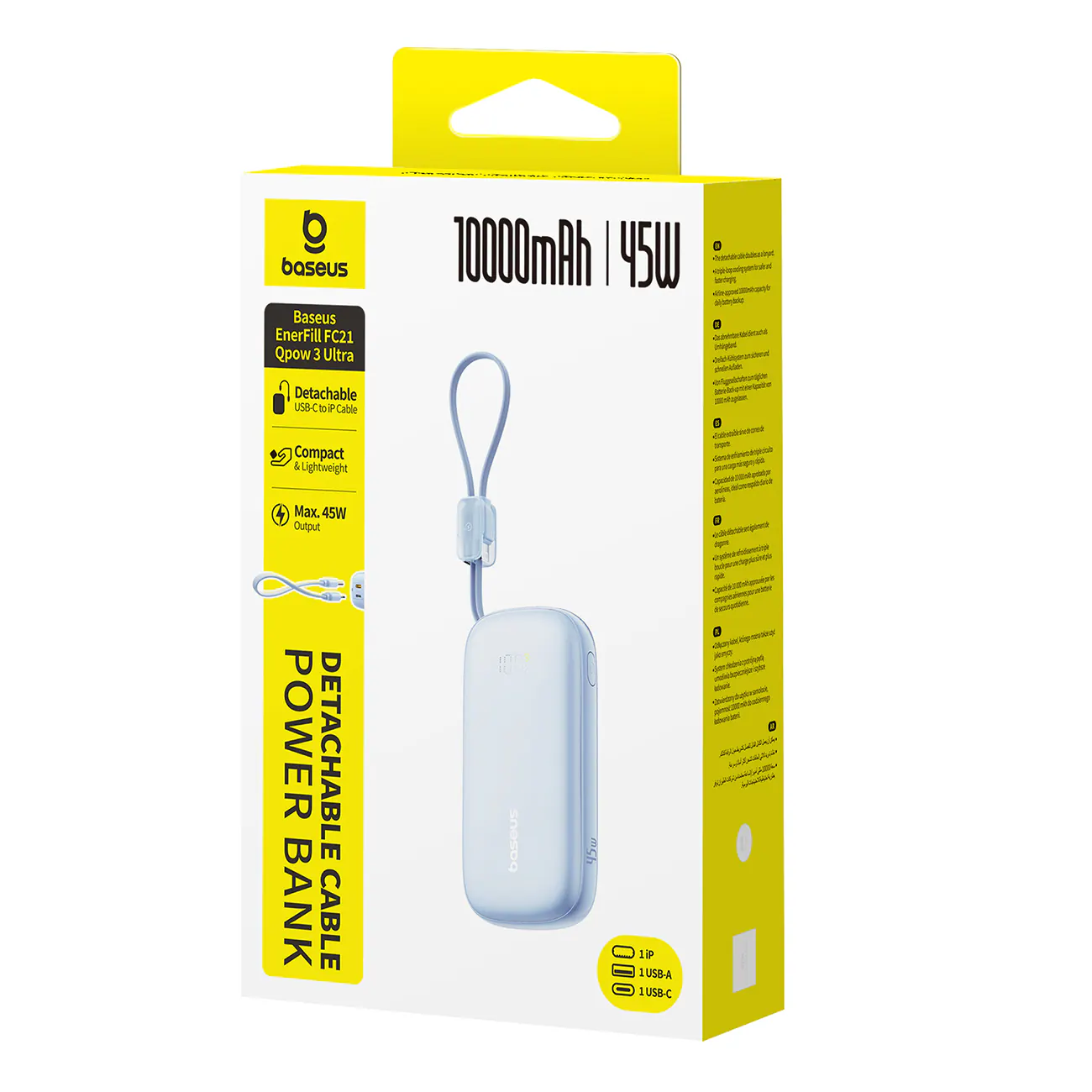 Baseus EnerFill FC21 Qpow 3 Ultra 10 000 mAh 45 W powerbank med avtagbar USB-C–Lightning-kabel – blå, bild 4