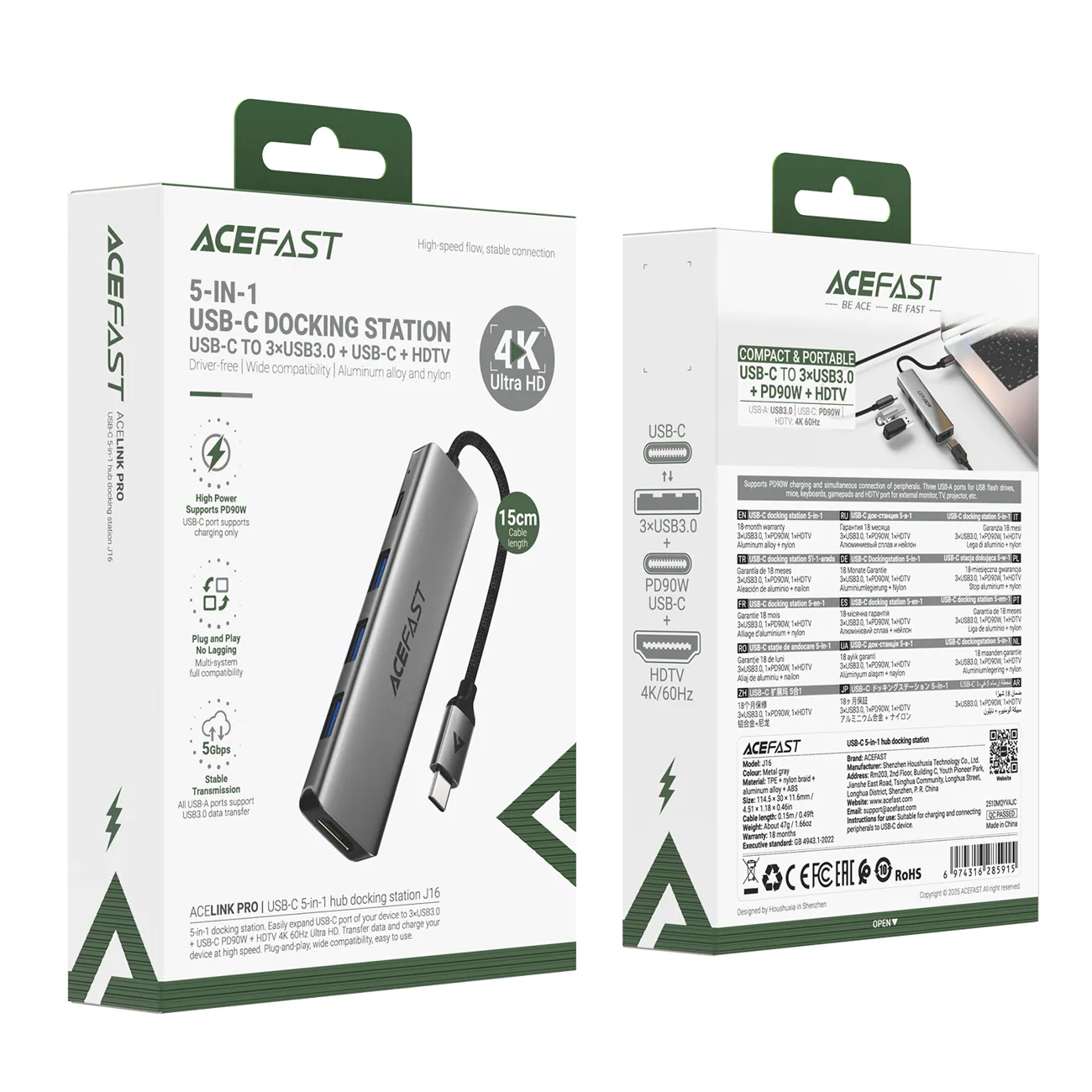 Acefast J16 USB-hubb med USB-C, 5-i-1, HDMI 4K 60 Hz, PD 90 W, dockningsstation – grå, bild 5