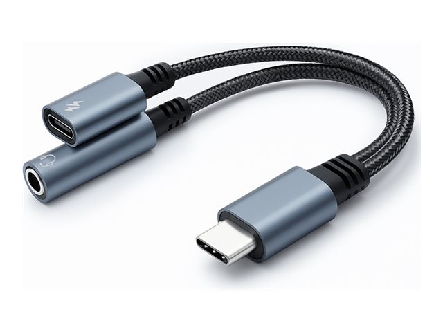 Qoltec - USB-C till hörlursuttag/laddningsadapter - USB-C hane till minijack, USB-C hona - 10 cm - grå - USB Power Delivery (15W)
