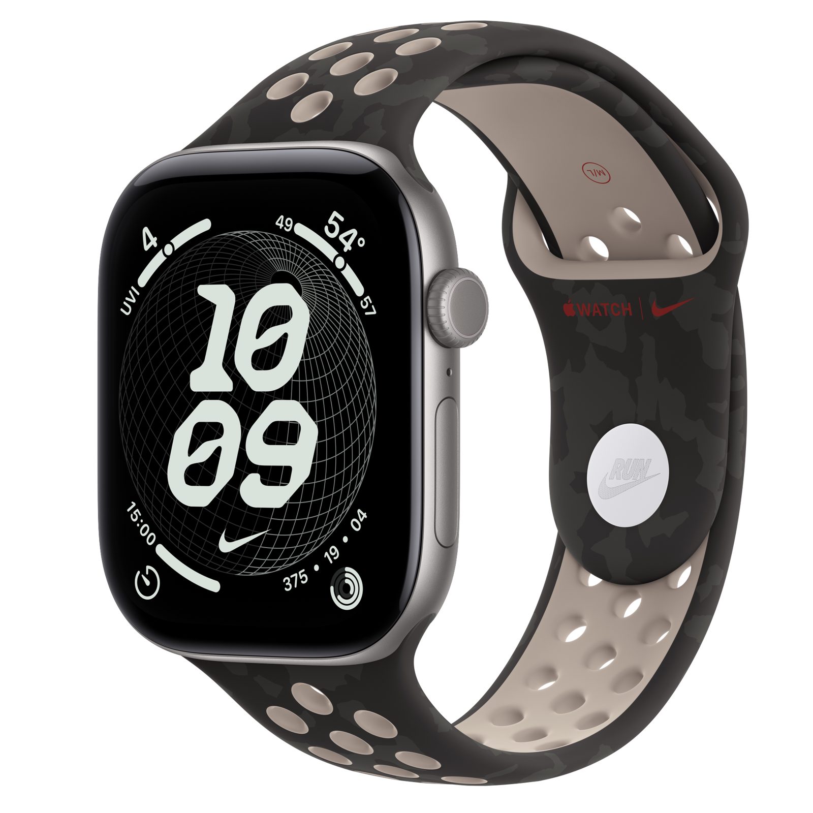 Apple Watch Series 12 (GPS) • Aluminiumboett rymdgrå, 46 mm • Nike-sportband i After Dark Black