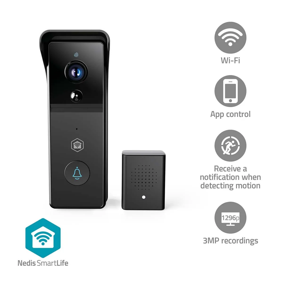 Nedis SmartLife WIFICDP21BK videodörrklocka 3MP 1296p batteri, svart