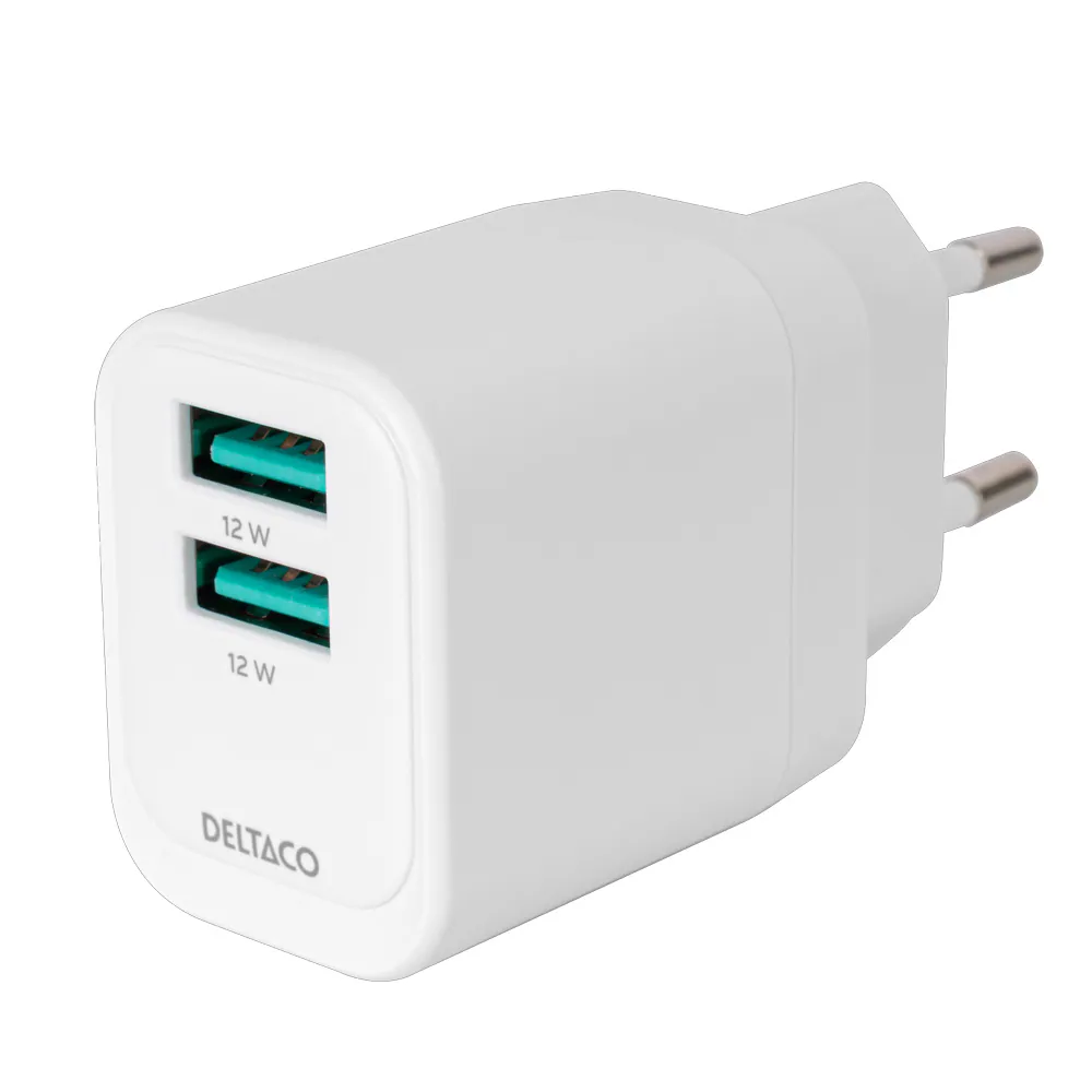 DELTACO - Strömadapter - 12 Watt - 2 utdatakontakter (USB) - vit