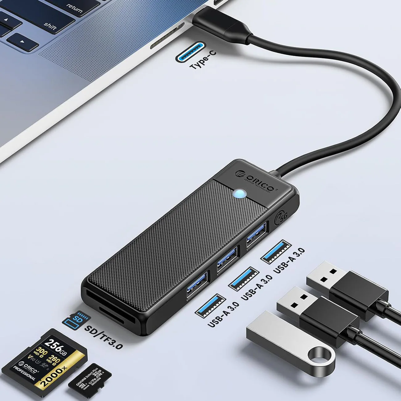 Orico PAPW3AT-U3 USB-hubb med 4 portar (3x USB-A 3.0) och microSD-/SD-kortläsare, 1,8 m – svart, bild 3