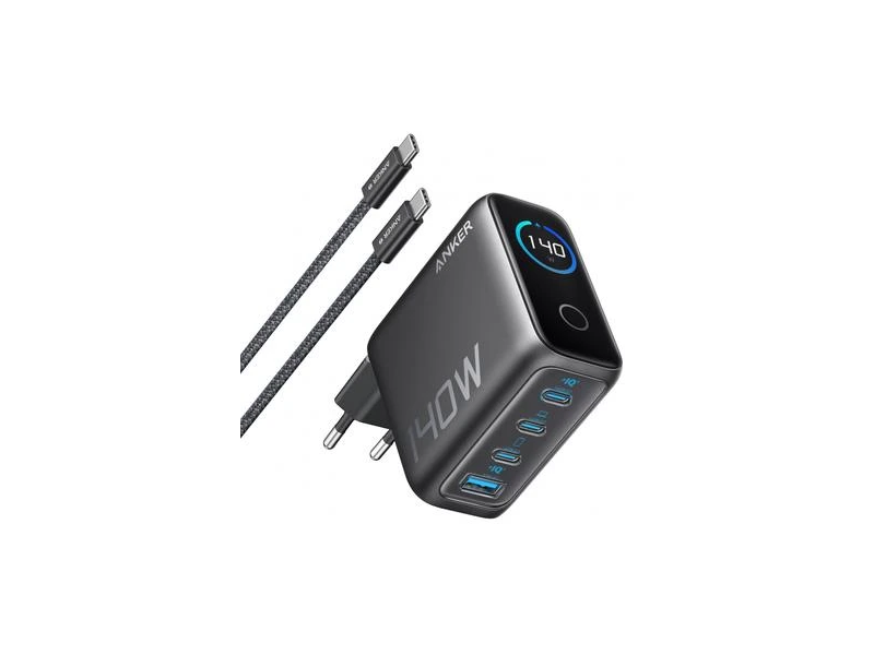 Anker 140W 4-ports GaN-laddare inklusive 240W USB-C kabel 1.5m Mörkgrå