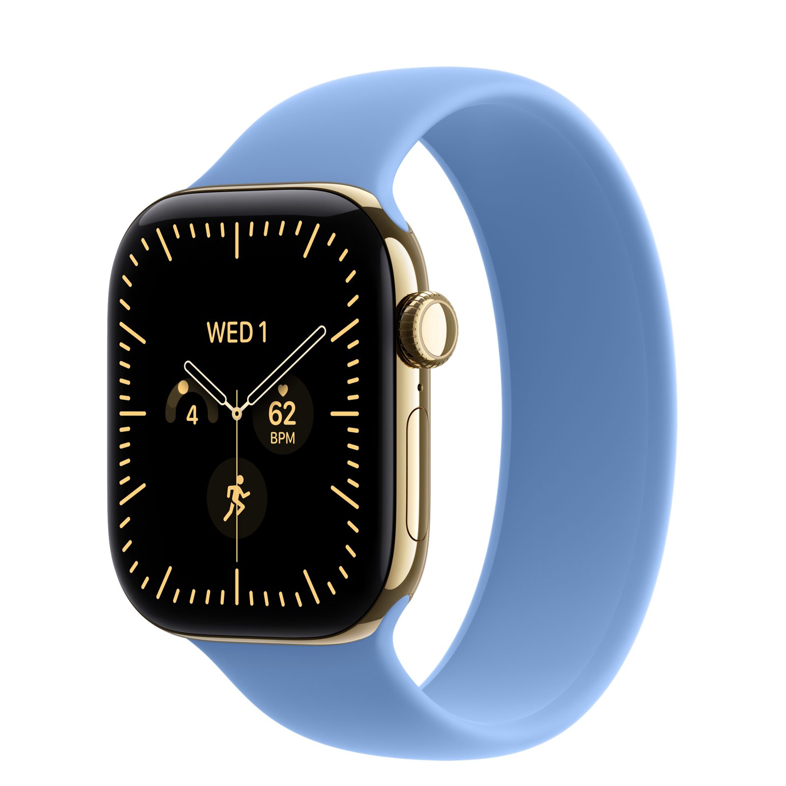 Apple Watch Series 12 (GPS + Cellular) • Titanboett skinande guld, 42 mm • Sololoop ängsblå