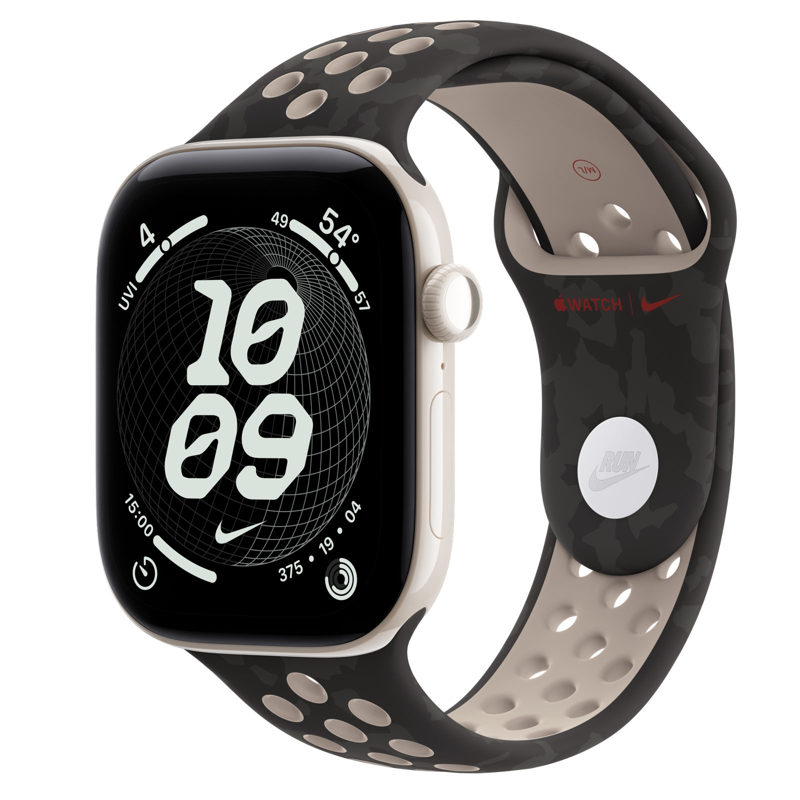 Apple Watch Series 12 (GPS + Cellular) • Keramikboett pärlvit, 46 mm • Nike-sportband i After Dark Black