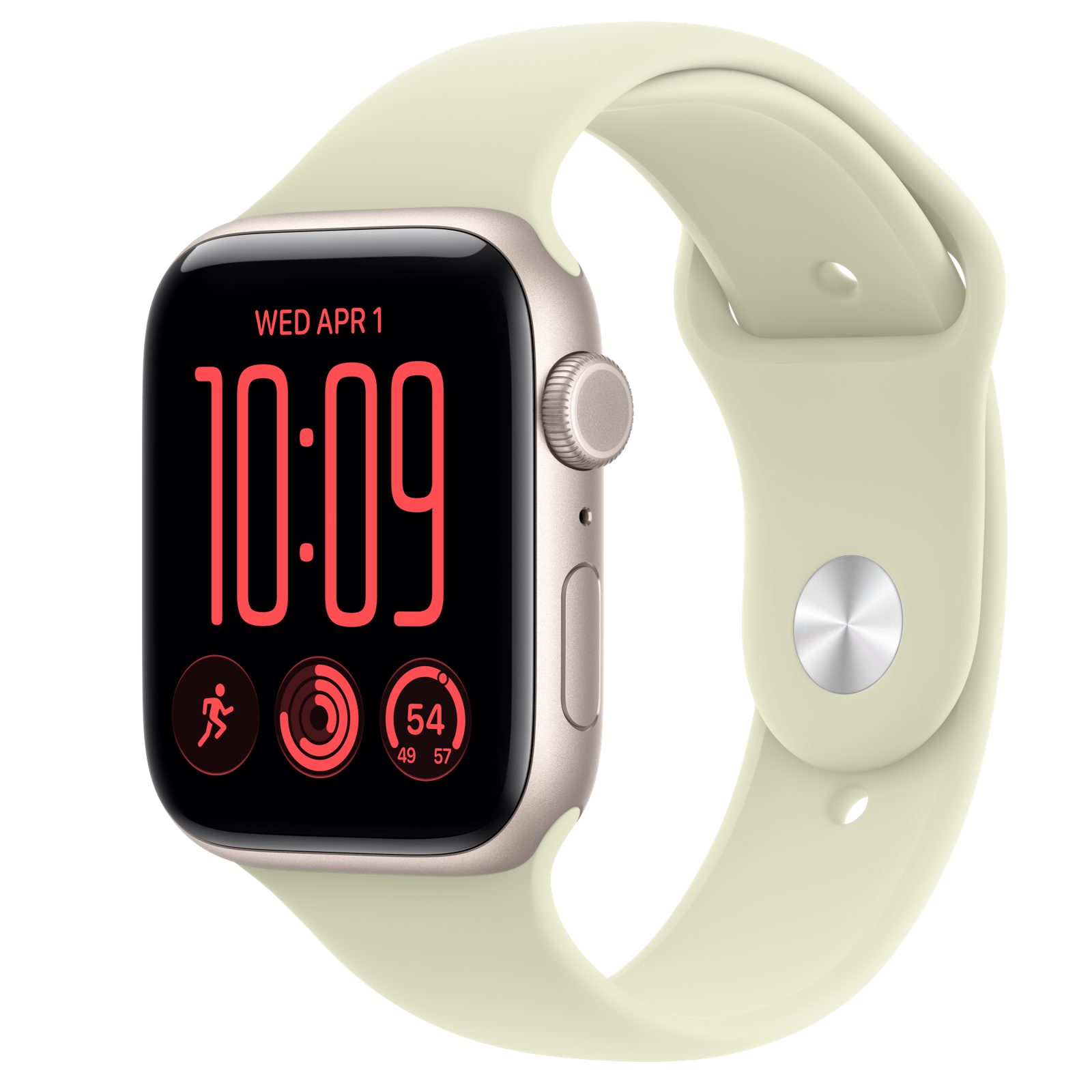 Apple Watch SE 3 (GPS + Cellular) • Aluminiumboett stjärnglans, 44 mm • Sportband ljusgrön suckulent