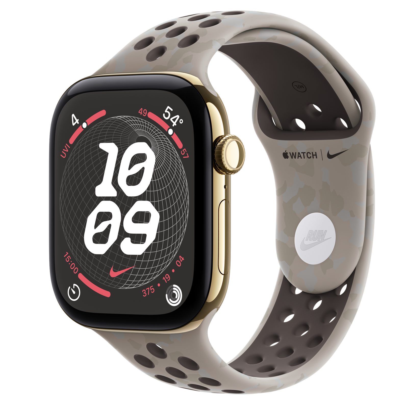 Apple Watch Series 12 (GPS + Cellular) • Titanboett skinande guld, 46 mm • Nike-sportband i Pavement Grey