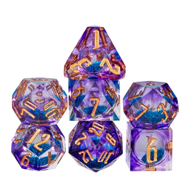 A Role Playing Dice Set - Purple With Gold Font (Blue Liquid Core)