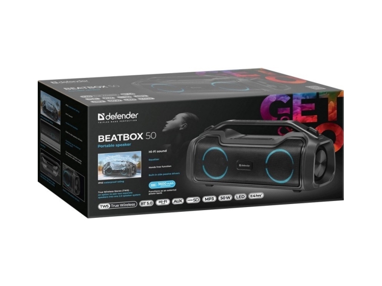 DEFENDER BEATBOX 50 BLUETOOTH GARSIAKARUSIS 50W BT/RGB/TF/TypeC/IPX5/PWB