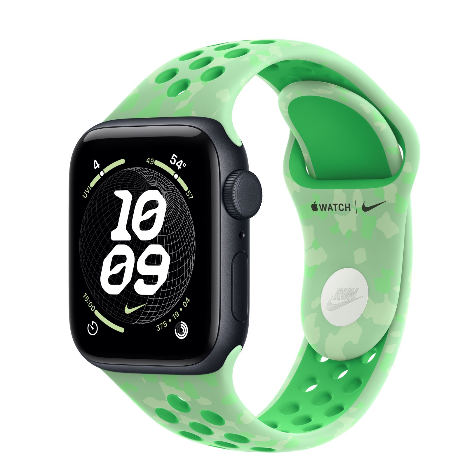 Apple Watch SE 3 (GPS + Cellular) • Aluminiumboett midnatt, 40 mm • Nike-sportband i Green Spark