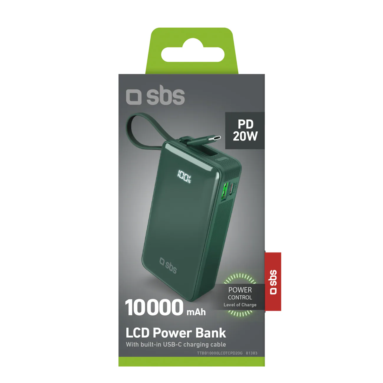 Powerbank SBS 10000 mAh 20W med inbyggd USB-C-kabel och digital display - grön, bild 2