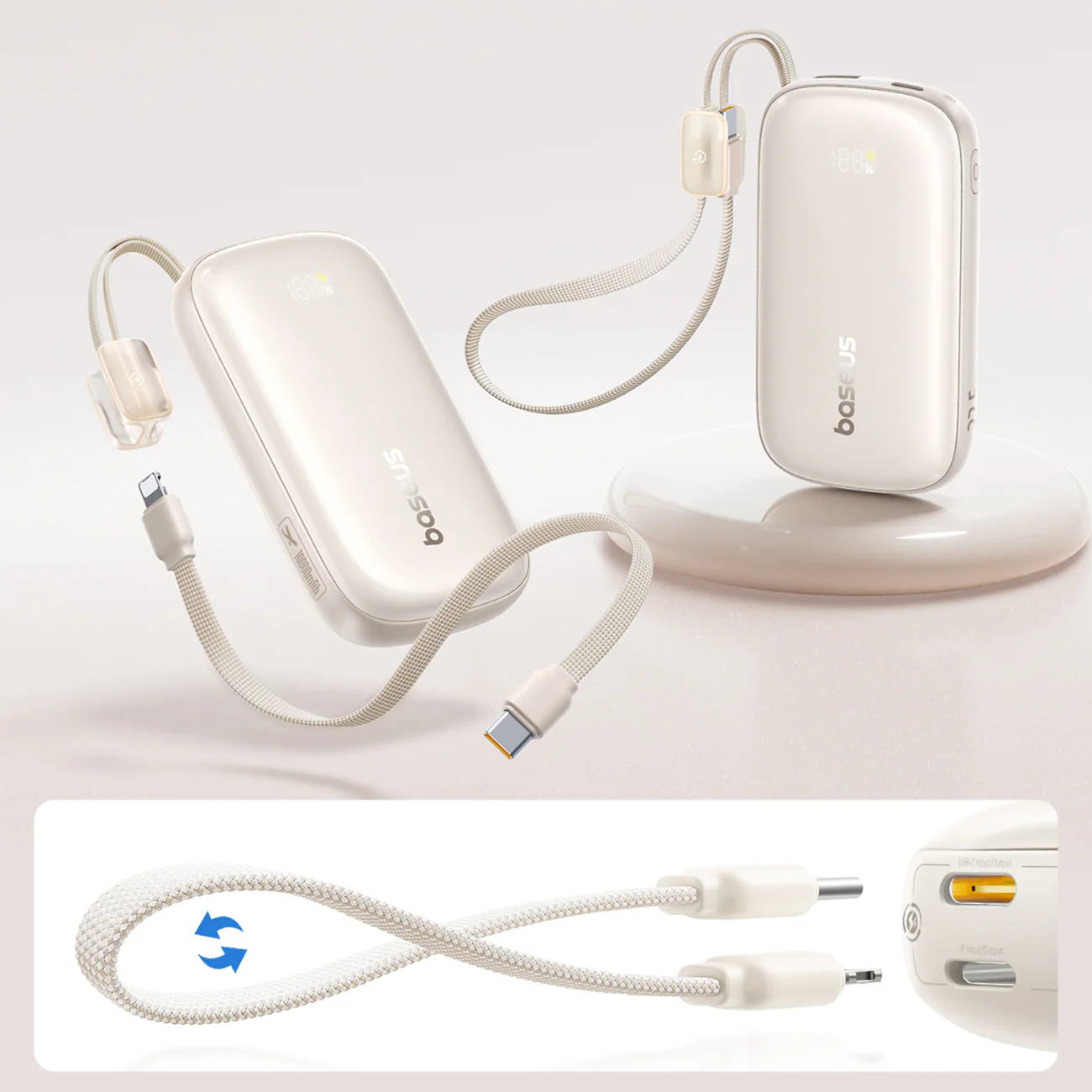 Baseus EnerFill FC21 Qpow 3 Ultra 10000mAh 22,5W powerbank med integrerad kabelrem – beige, bild 4