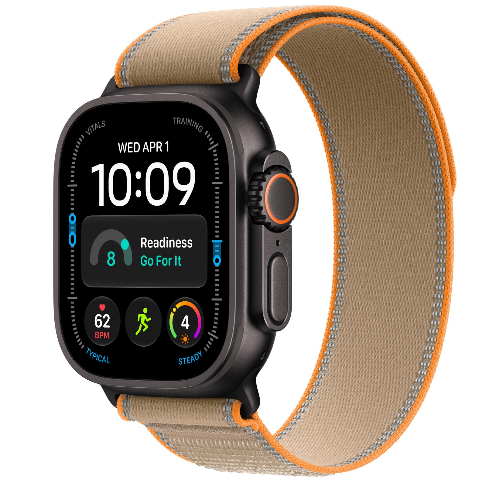 Apple Watch Ultra 4 (GPS + Cellular) • Titanboett svart, 49 mm • Terrängloop sand