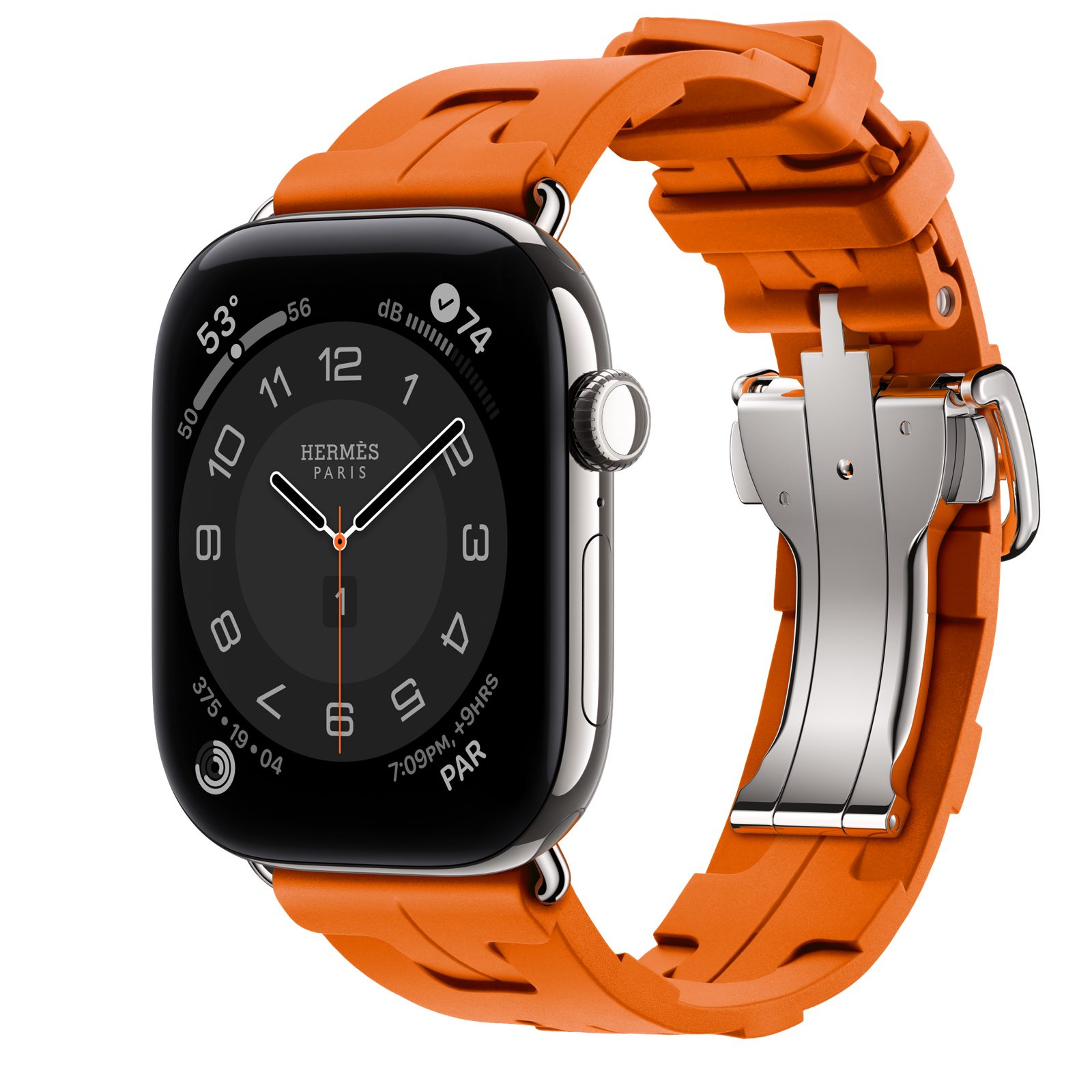 Apple Watch Hermès Series 12 (GPS + Cellular) • Titanboett silver, 46 mm • Kilim Simple Tour i Orange