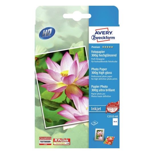 Avery c2553-40, Högglans, 300 g/m ^, Bläckstråleskrivare, Vit, 20 ark, FSC Mix Credit