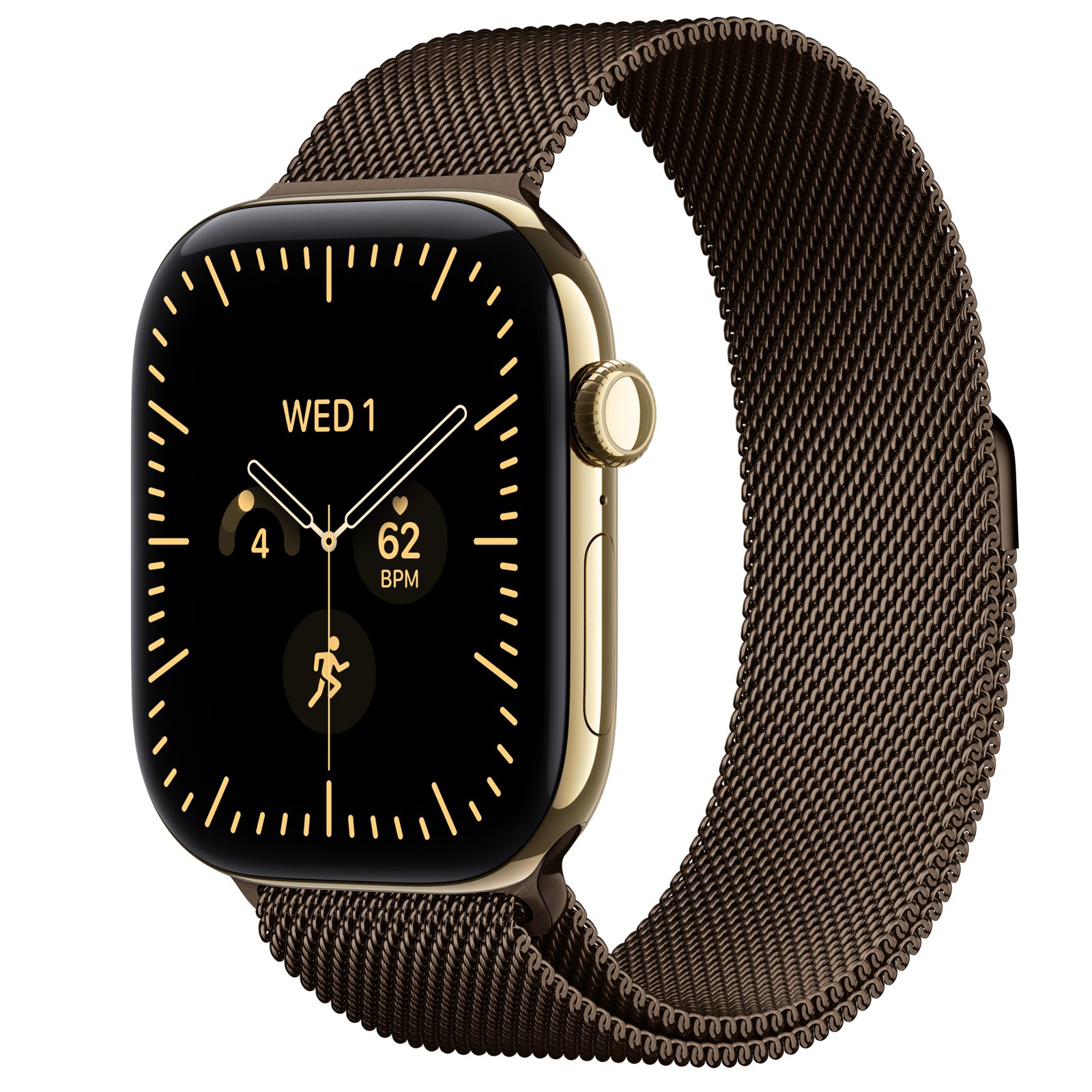 Apple Watch Series 12 (GPS + Cellular) • Titanboett skinande guld, 46 mm • Milanesisk loop mörk brons