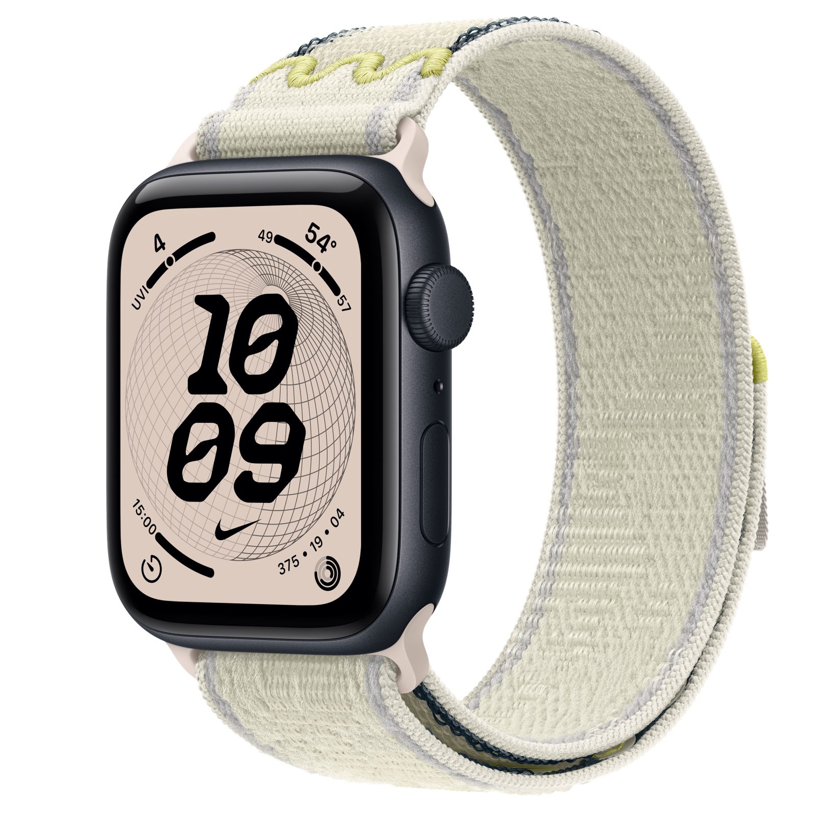 Apple Watch SE 3 (GPS) • Aluminiumboett midnatt, 44 mm • Nike-sportloop i Chalk Calm
