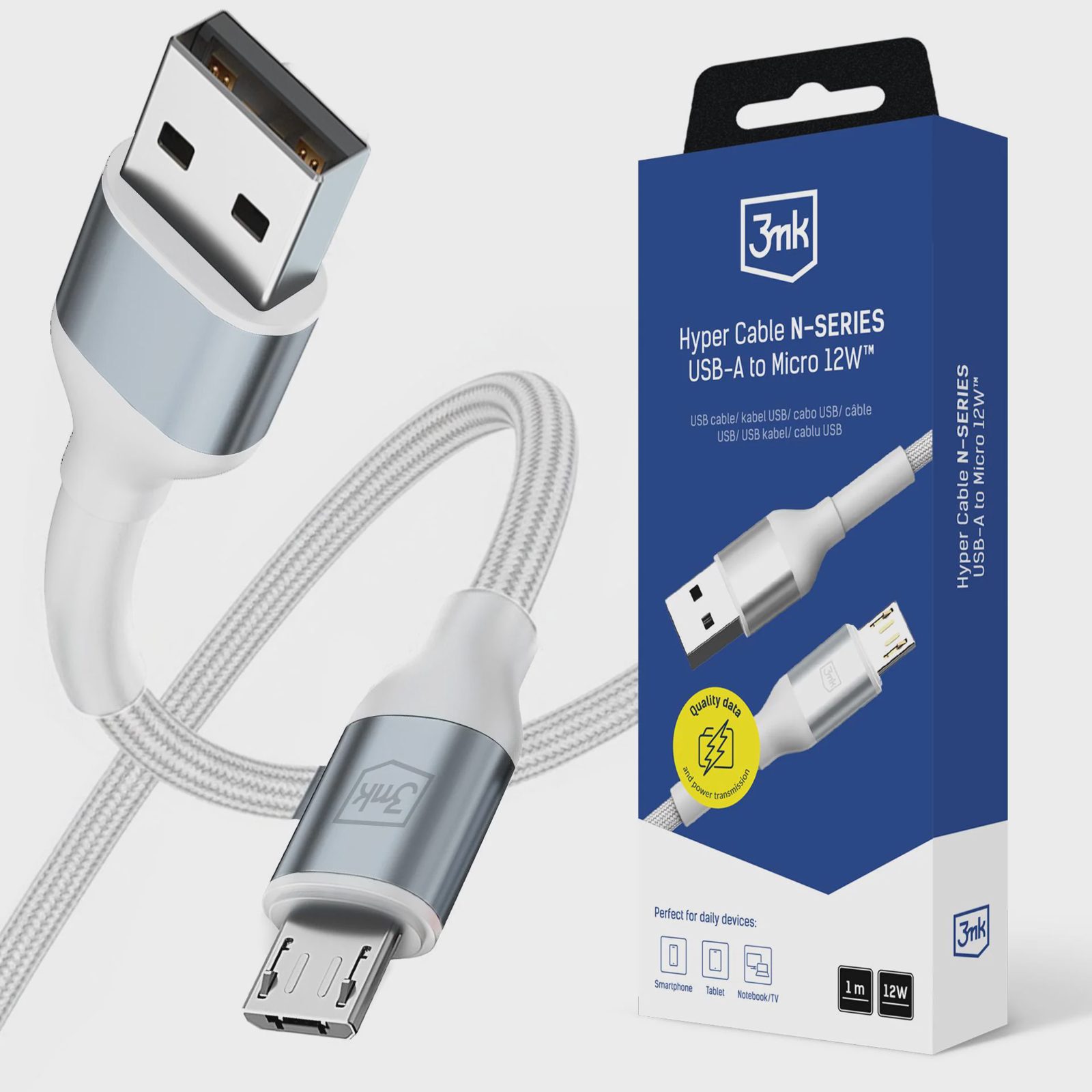 3mk Hyper Cable N-SERIES USB-A / MicroUSB 1m 5V/2,4A 12W / vit