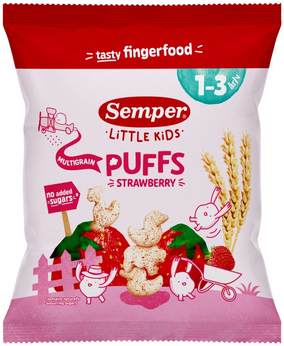 SEMPER EKO multigrain puffs strawberry 1-3år, 18 g