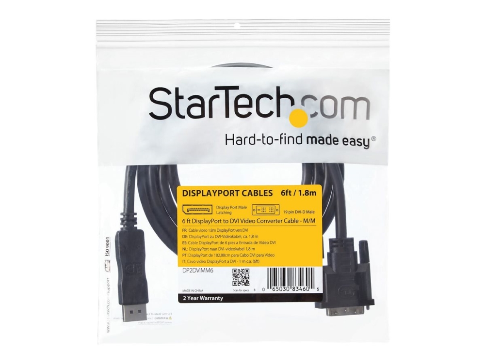 DisplayPort till DVI-D-kabel, StarTech, 1080@60Hz, 1,8 meter - Svart