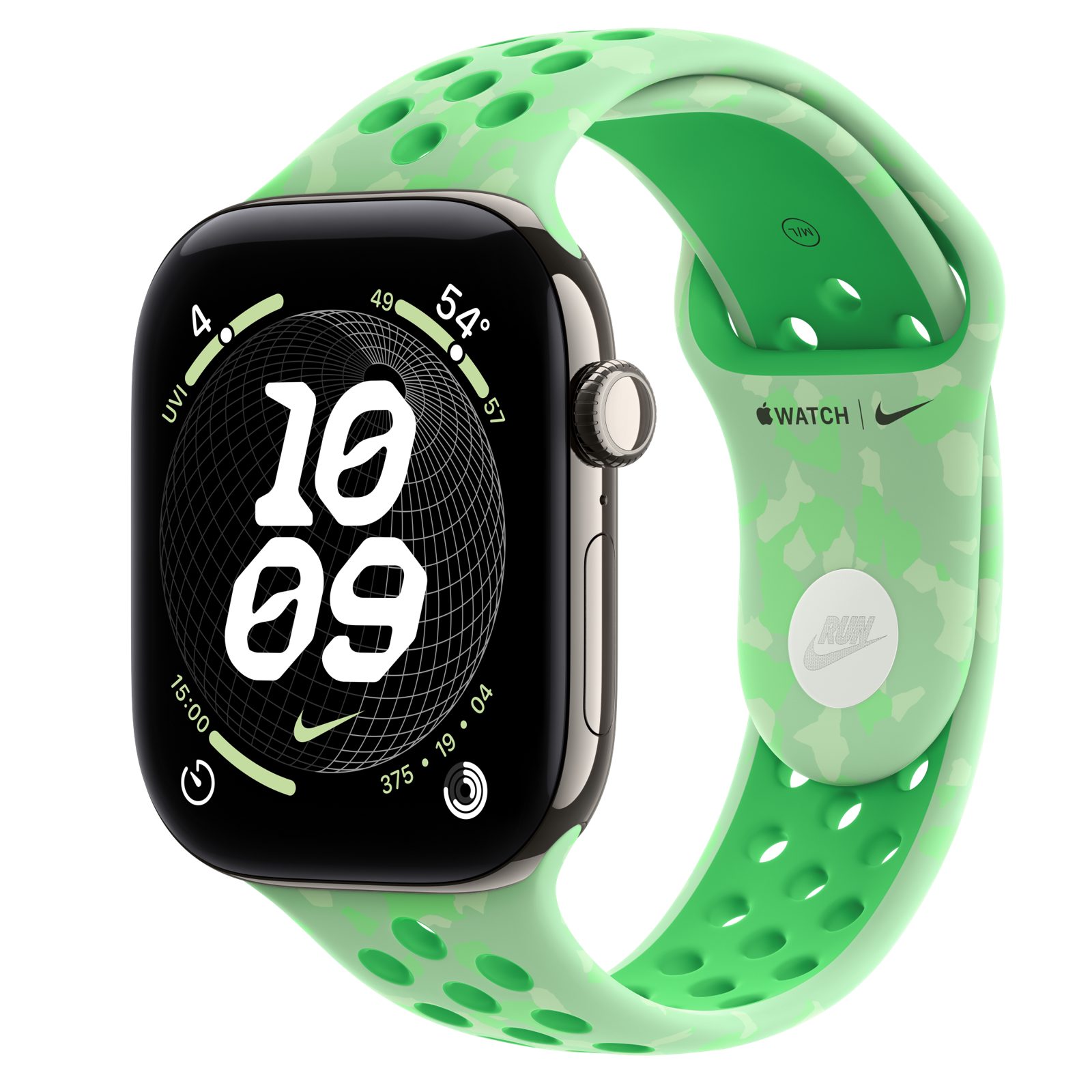 Apple Watch Series 12 (GPS + Cellular) • Titanboett naturlig, 46 mm • Nike-sportband i Green Spark