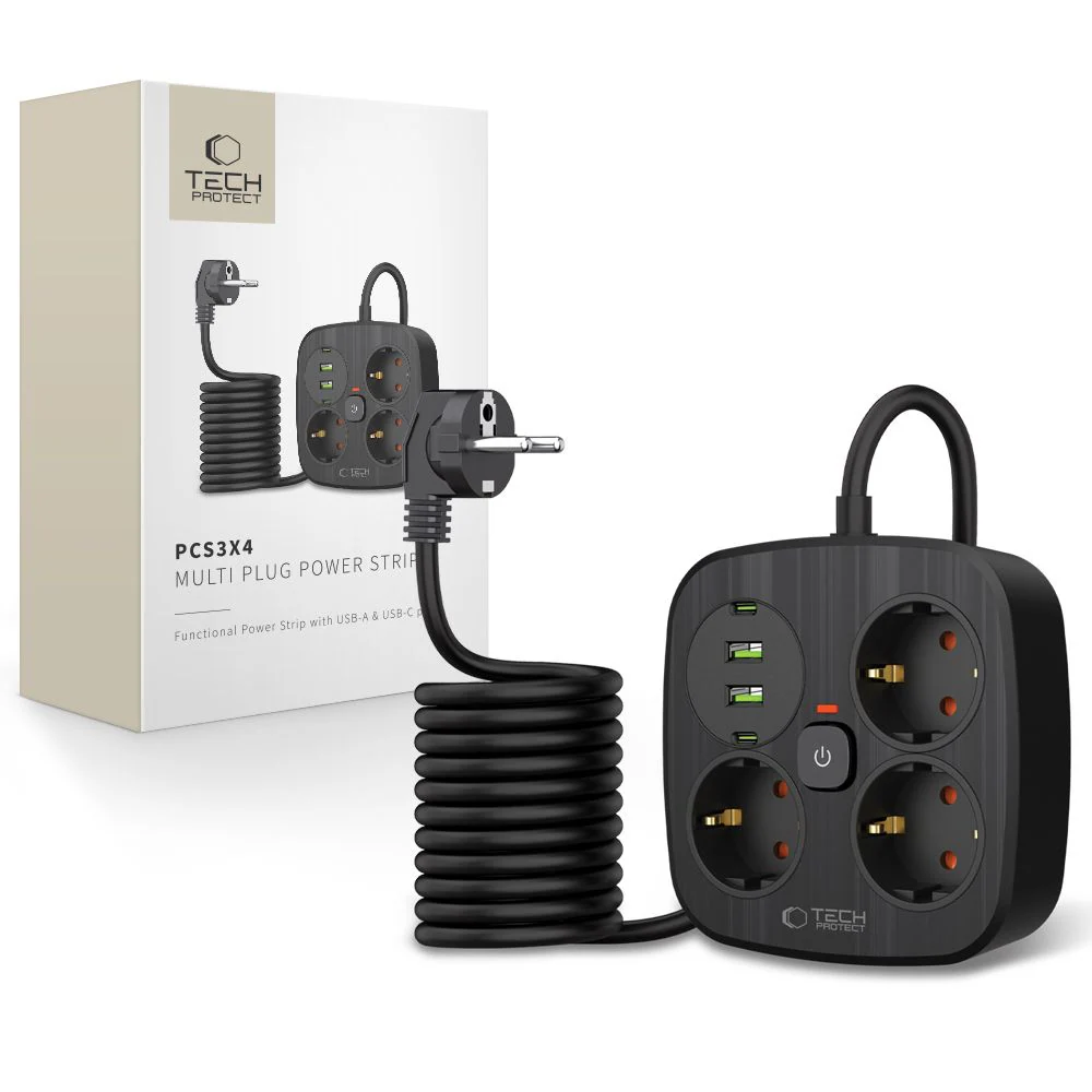 Tech-Protect PCS3X4 grenuttag, 3 uttag, 2xUSB-A, 2xUSB-C 200 cm - svart