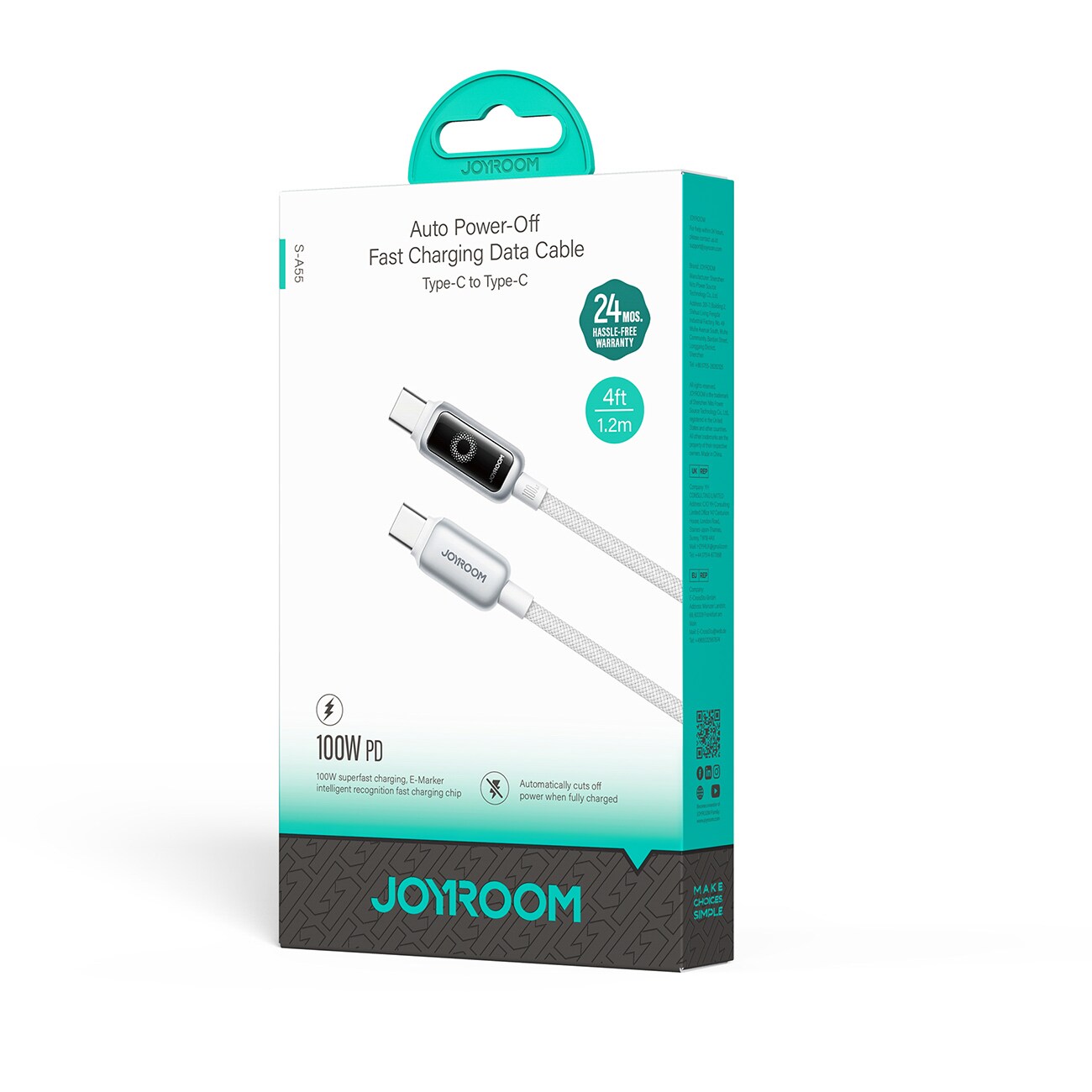 Joyroom USB-C till USB-C snabbladdningskabel 100W, 1,2m - Vit, bild 4